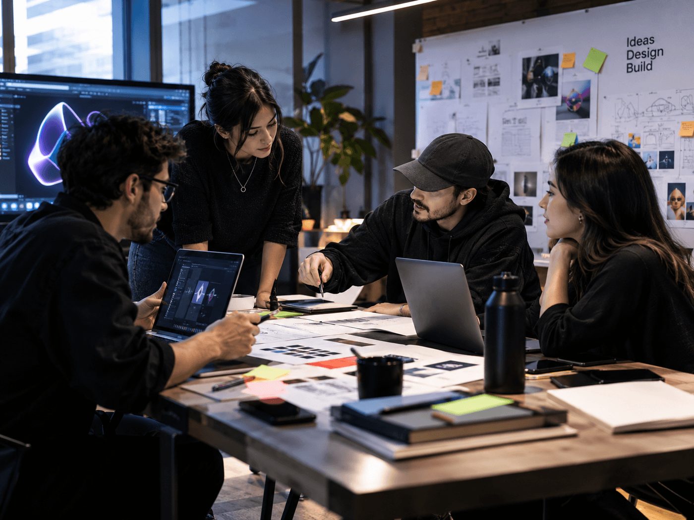 The Neiyoz team reviewing printed layouts and screen work together at the workbench