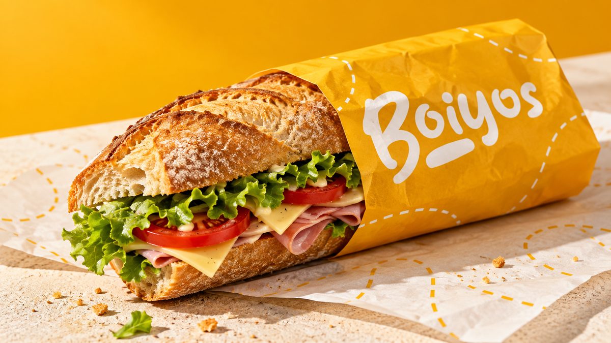 A filled baguette half-wrapped in yellow paper, on a counter scattered with crumbs.