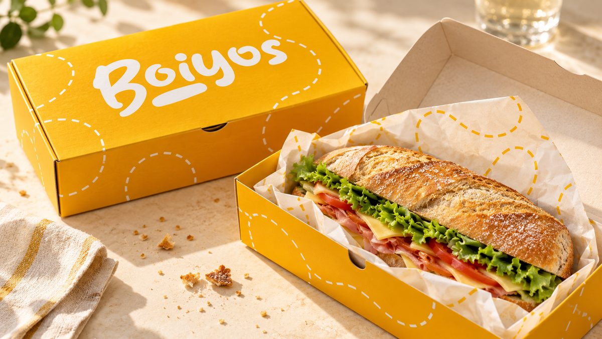 An open yellow delivery box with a baguette inside on greaseproof paper, the lid beside it.