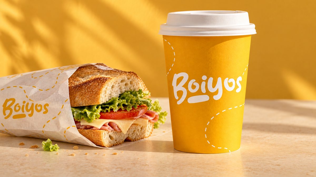 A wrapped sandwich and a yellow takeaway coffee cup against a warm yellow wall.