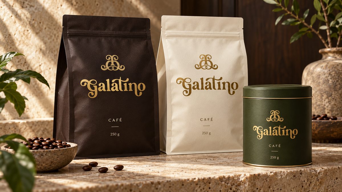 The range in three formats — a dark bag, a cream bag and a green tin — on a sunlit stone ledge.
