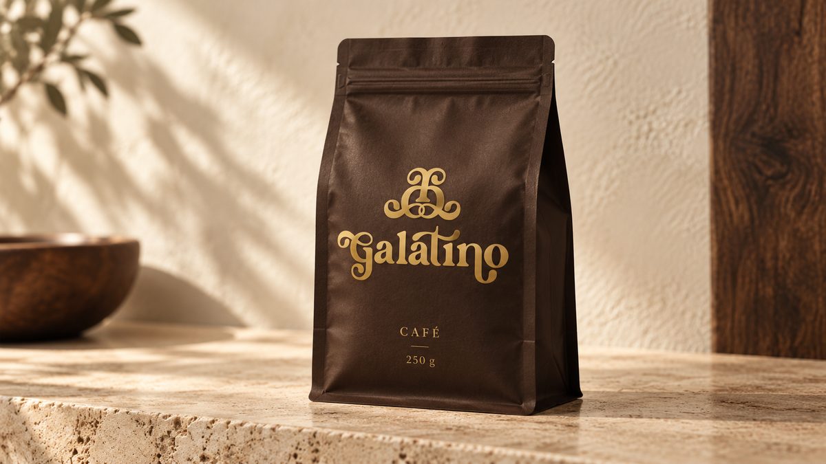 A single 250g dark brown coffee bag, its gold logotype catching the light against a pale plaster wall.