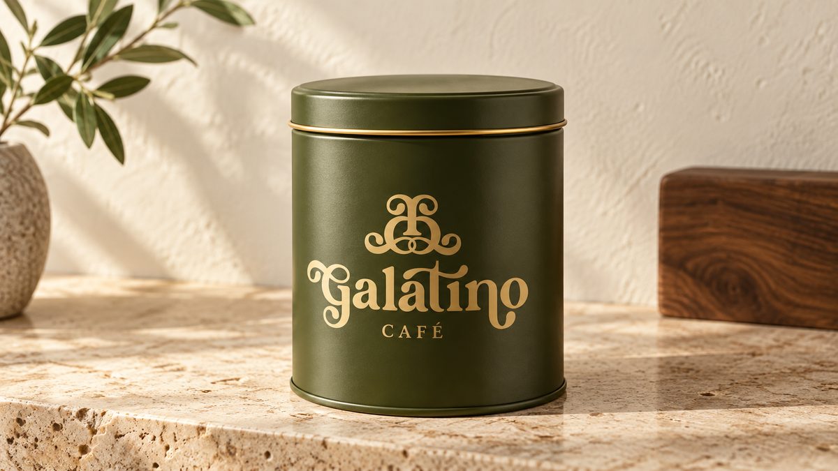 An olive green tin with a gold rim, standing on travertine beside a sprig of olive.
