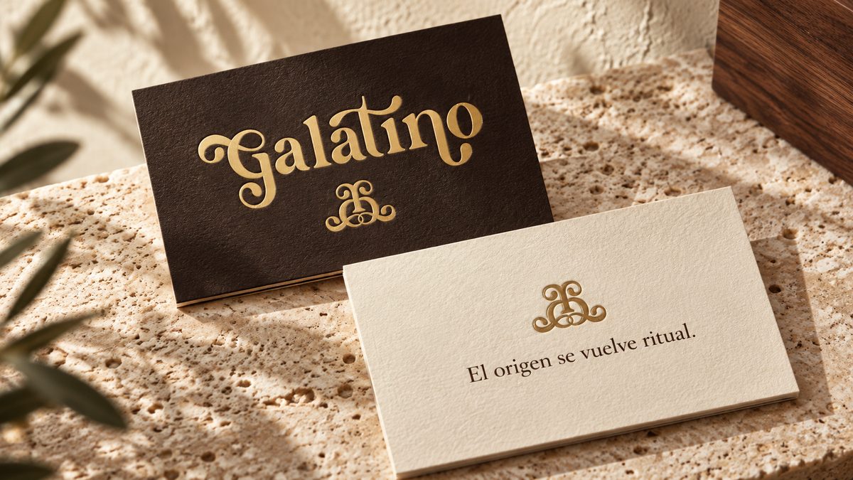 Two business cards, one dark and one cream, the second reading “El origen se vuelve ritual”.