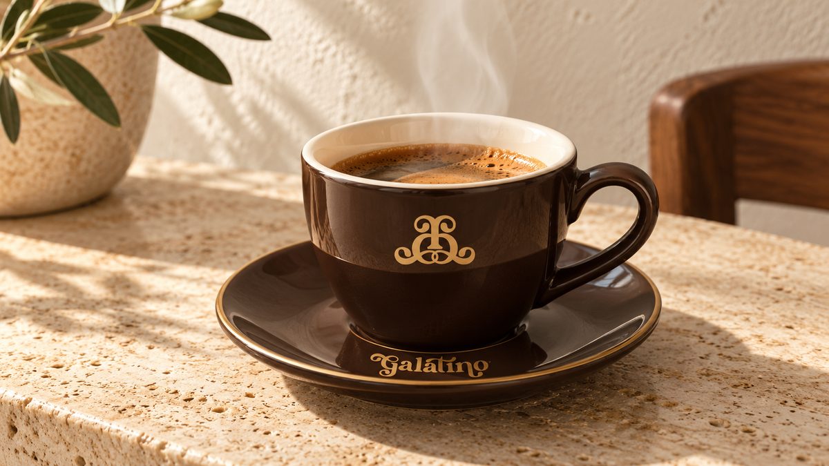 A dark espresso cup and saucer on travertine, filled, with the gold monogram on the side.